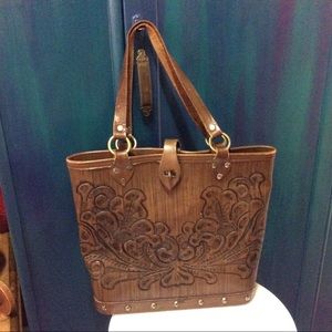 1970’s Large Mexican Tooled Leather and Wood Tote